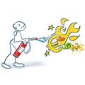 Stick figure with fire extinguisher and burning euro