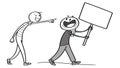 Happy stick figure protester with sign points accusatory finger at another Royalty Free Stock Photo