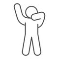 Stick figure with hands up silhouette thin line icon. Man in front pose with raised hands outline style pictogram on