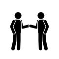 Stick Figure Handshake. Pictogram depicting two men shaking hands with each other. Black and white EPS Vector