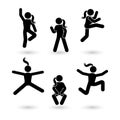 Stick figure happiness, freedom, jumping girl motion set. Vector illustration of celebration woman poses pictogram.