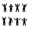 Stick figure happiness, freedom, jumping, motion set. Vector illustration of celebration poses pictogram. Royalty Free Stock Photo