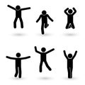 Stick figure happiness, freedom, jumping, motion set. Vector illustration of celebration poses pictogram. Royalty Free Stock Photo