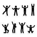 Stick figure happiness, freedom, jumping, motion set. Vector illustration of celebration poses pictogram. Royalty Free Stock Photo