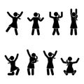 Stick figure happiness, freedom, jumping, motion set. Vector illustration of celebration poses pictogram. Royalty Free Stock Photo