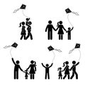 Stick figure happy active family with kite icon set. People spending time outdoor pictogram.