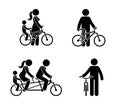 Stick figure happy family riding bike pictogram. Mother, father and child spending time together.