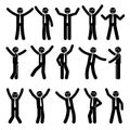 Stick figure happy, funny, motion businessman set. Vector illustration of celebration poses black and white pictogram. Royalty Free Stock Photo