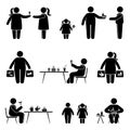 Stick figure having lunch, dinner, snack, eating sweets, fast food, fat meal, shopping, buying unhealthy products vector icon Royalty Free Stock Photo