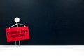 Stick figure holding corrective action placard in black background. Audit findings and root cause analysis