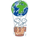 Stick figure in a hot air balloon as a world ball