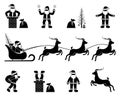 Stick figure icon Santa Claus man in sleigh with reindeer, presents bag, stuck in chimney vector illustration pictogram Royalty Free Stock Photo