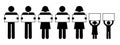 Stick Figure Icons holding sign boards. People Pictograms holding empty blank poster banners. Adult male, female and Kids boy, Royalty Free Stock Photo
