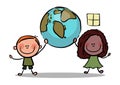 Stick Figure Kids holding planet earth stock illustration Royalty Free Stock Photo