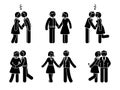 Stick figure kissing couple set. Man and woman in love vector illustration; hugging, cuddling and holding hand pictogram.