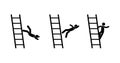 Stick figure ladder icon, man falling from ladder pictogram, human silhouette isolated