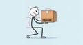 Stick Figure Lifting a Fragile Box with Correct Posture on Light Blue Background Royalty Free Stock Photo
