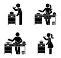 Stick figure male and female cooking at home kitchen vector set. Stickman testing meal, frying, boiling icon pictogram Royalty Free Stock Photo