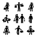 Stick figure male and female holding shopping bags vector icon pictogram. Seasonal sale, black friday happy people with purchase