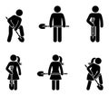 Stick figure male female standing with shovel vector set. Stickman man woman person people digging ground icon pictogram