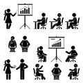 Stick figure male, female office, school, class, course teaching, training, studying workshop, lesson, conference, meeting vector