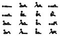 Stick figure male lie down various side positions vector icon set. Man person sleeping, laying, sitting on floor, ground silhouett