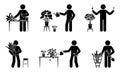 Stick figure male planting home flowers vector set. Stickman person taking care of houseplant icon pictogram