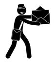 Stick figure, male postman gives envelope with greeting card inside. Delivery of postal correspondence. Isolated vector on white