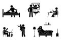 Stick figure man activities vector icon. Making bed, brushing hair, eating, sitting at desk, working, studying, resting, relaxing