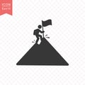 Stick figure a man climbs a mountain peak with a flag silhouette icon simple flat style vector illustration on transparent