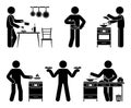 Stick figure man cooking at home kitchen vector illustration set. Stickman person getting ready to eat icon pictogram Royalty Free Stock Photo