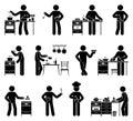 Stick figure man cooking at home kitchen vector illustration set. Stickman person preparing meal icon pictogram Royalty Free Stock Photo