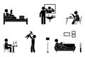 Stick figure man everyday activities vector icon set. Read book, shave face, eat, sit, work, study, play with child, use laptop