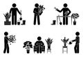 Stick figure man gardening home flowers vector set. Stickman person house planting icon pictogram