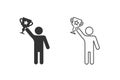 Stick figure man holds cup, winner line icon set, people pictogram. Vector Royalty Free Stock Photo