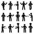 Stick figure man, person with kitchen utensils vector set. Stickman male cooking, baking, frying, mixing icon pictogram