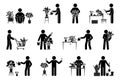 Stick figure man planting home flowers vector illustration set. Stickman person taking care of houseplant icon pictogram