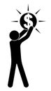 Stick figure, man raises a dallar symbol above his head. Passion, worship of money and wealth, greed. Isolated vector on white