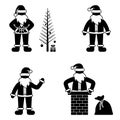 Stick figure man Santa vector set. Stickman Claus with new year tree, waving, jumping in chimney icon pictogram Royalty Free Stock Photo