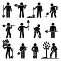 Stick figure man with shovel vector illustration set. Stickman digging ground, planting tree, gathering harvest icon