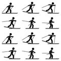 Stick figure man skiing sequence poses icon vector pictogram set. Winter sport stickman on ski posture silhouette