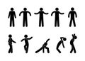 Stick figure man standing. Black cut out people human silhouette, set.