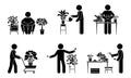 Stick figure man taking care of home flowers vector illustration set. Stickman person with houseplant icon pictogram