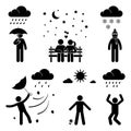 Stick figure man weather icon vector set pictogram. Raining, snowing, storm, wind, sunny day flat style silhouette. Royalty Free Stock Photo