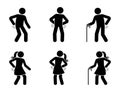 Stick figure man and woman with back pain icon vector set. Sick stickman having problem with spine, backbone painful pictogram