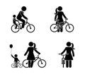 Stick figure man and woman bicycle icon. Riding bike happy people.