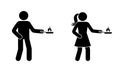 Stick figure man and woman with burning frying pan with fire vector set. Stickman person cooking meal icon pictogram