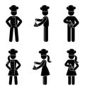 Stick figure man woman chef cook vector illustration set. Stickman kitchener standing in working uniform icon pictogram Royalty Free Stock Photo