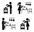 Stick figure man and woman cooking at home kitchen vector set. Stickman people preparing meal icon pictogram Royalty Free Stock Photo