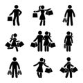 Stick figure man and woman holding shopping bags vector icon pictogram. Seasonal sale, black friday happy buyers with purchase Royalty Free Stock Photo